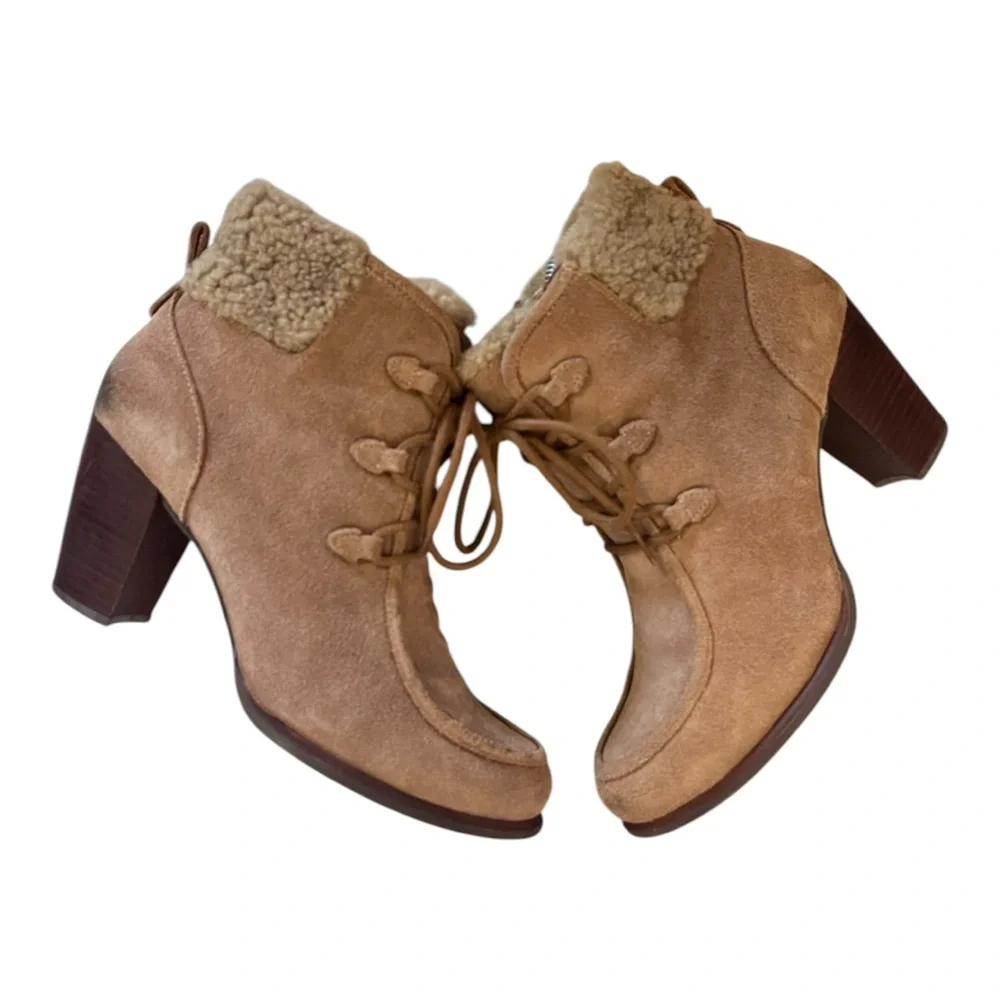 UGG | ANALISE CHESTNUT SUEDE SHEEPSKIN HIGH HEEL ANKLE BOOTS US 8 Vintage Winter